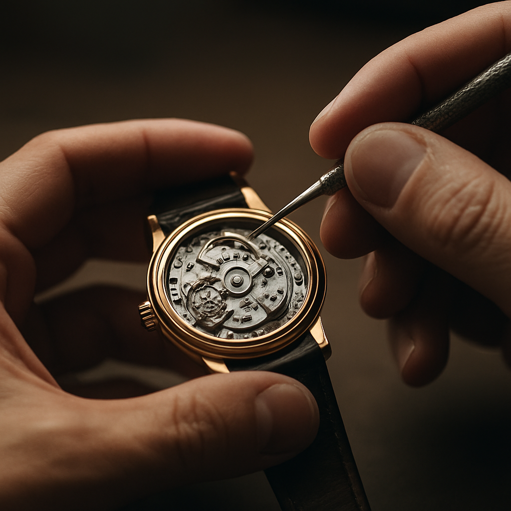 Relojero inspeccionando un reloj de lujo con herramientas de precisión